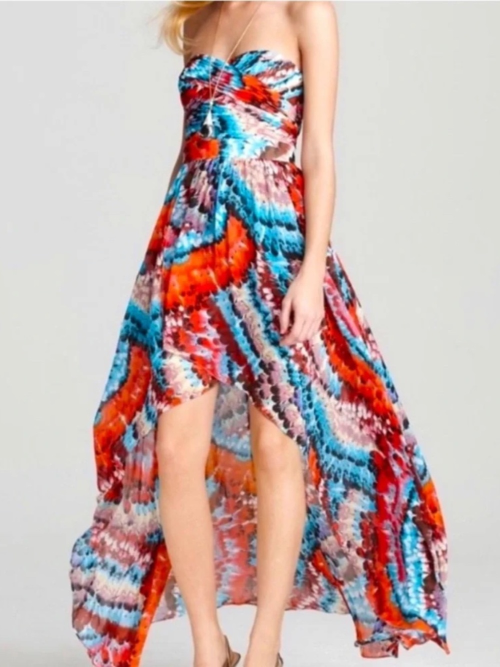 Aidan Mattox Strapless High-Low Multicolored Feather Print Dress  Size 2